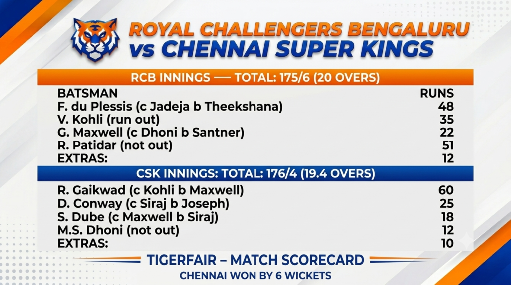 royal challengers bengaluru vs chennai super kings match scorecard tigerfair